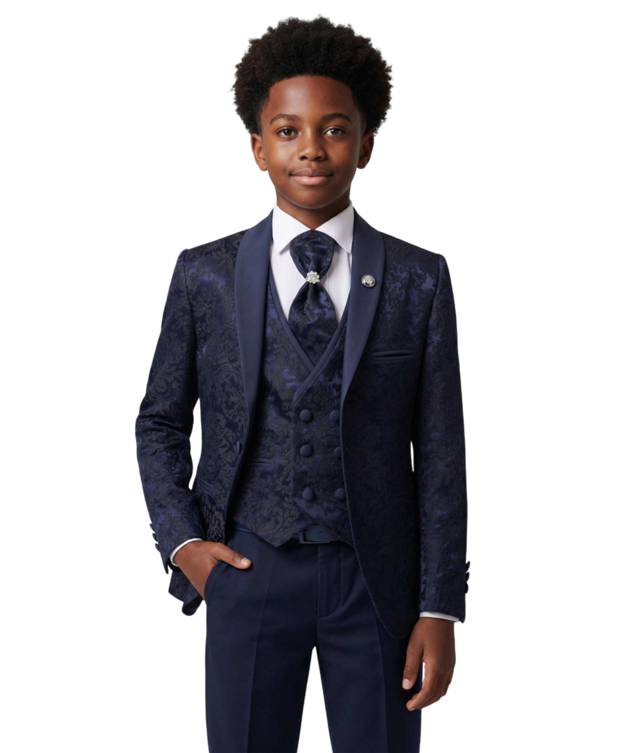Traje de Cena de Esmoquin con diseño de Cachemira Floral para niños, Juego de 5 Piezas para Bodas de Pageboy y Todas Las Ocasiones Especiales