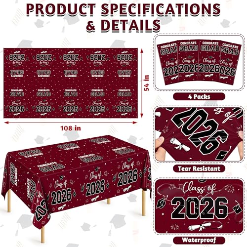 QZYL 4 Pack Graduation Table Decorations 2026, 54" x 108" Maroon Graduation Table Cloths, Disposable Grad Party Decorations for Class of 2026 Congrats Grad, Rectangle Plastic Tablecover for College by QZYL - Image 2