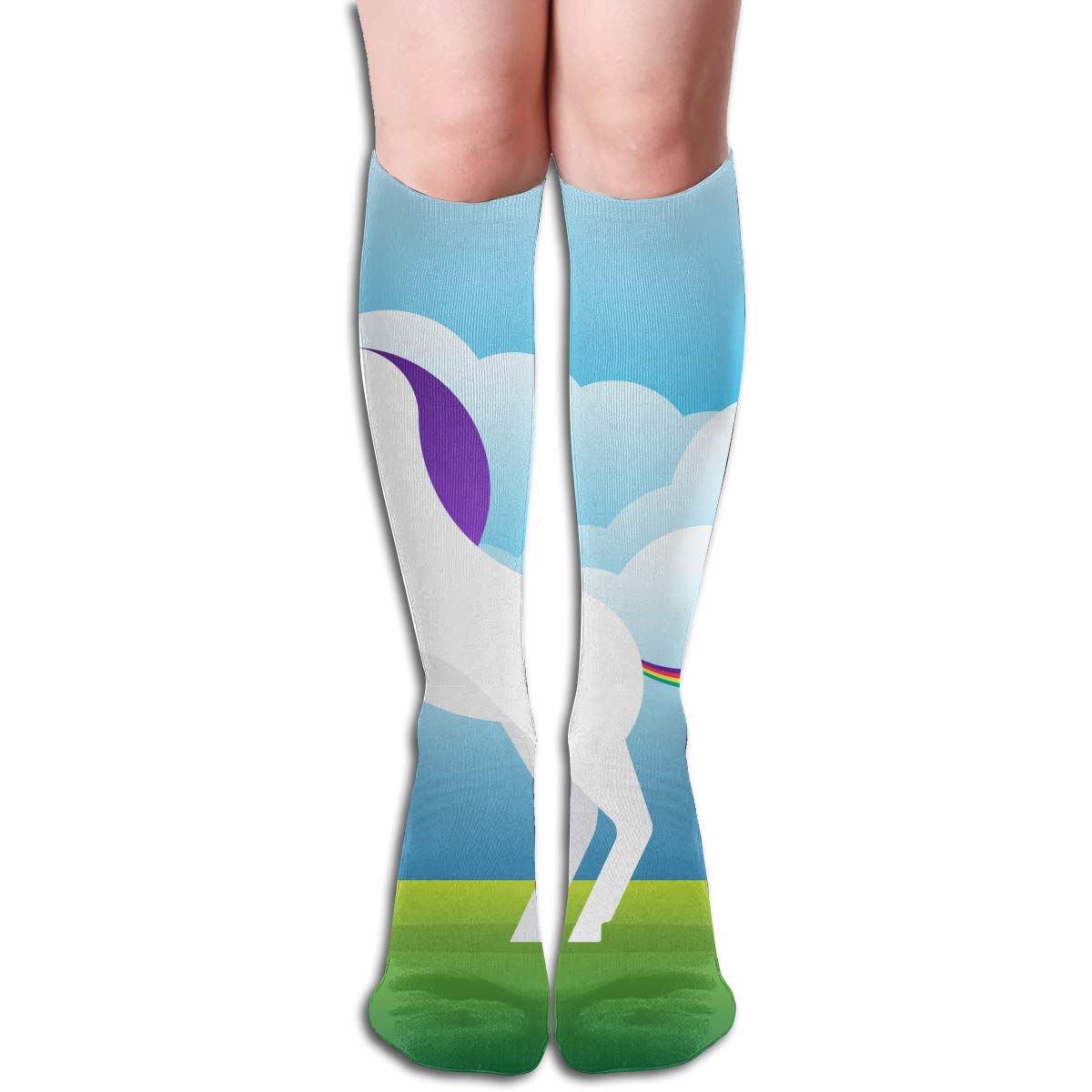 Cartoon White UnicornWith Mane and Horn On Cartoon 50 Full Comfort Knee High Socks Cotton Long Knee High Socks