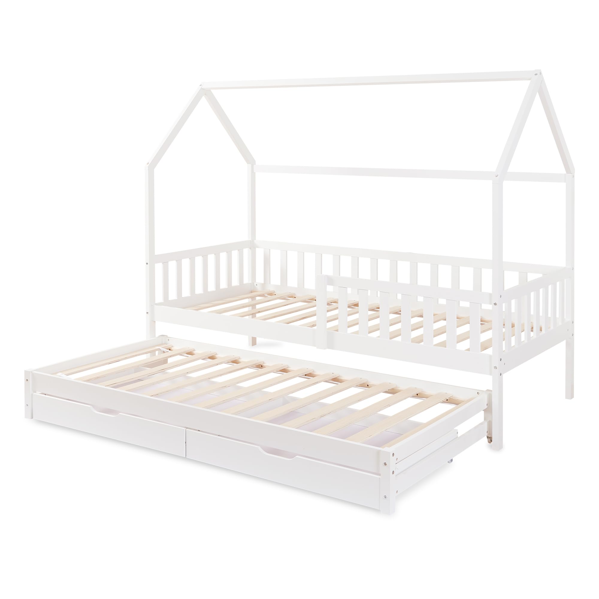[en.casa] Letto per Cameretta a Forma di Casetta con Letto Estraibile Struttura in Legno di Pino a 2 Piazze con Barriera Anticaduta e 2 Cassetti 90x200 cm - Bianco