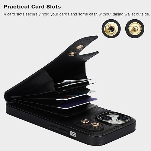 Miniatura 4 de Folosu Funda compatible con iPhone 15 con soporte para tarjetas, rotación de 360, soporte de anillo de dedo con función atril, bloqueo RFID, doble