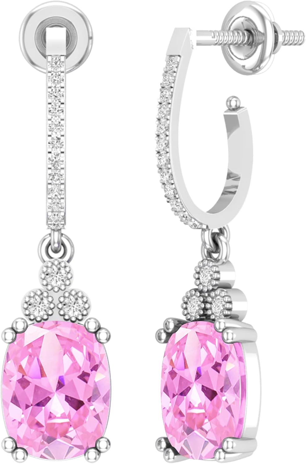Dazzlingrock Collection 9x7mm Each Cushion Lab Created Gemstone & Round Natural White Diamond J-Shape Dangle Drop Earrings for Her in 925 Sterling Silver