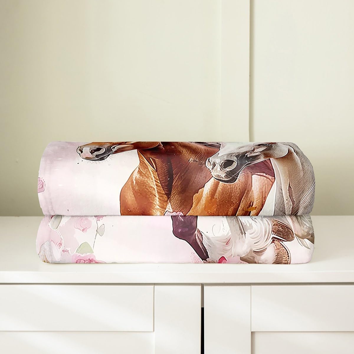 Galloping Horse Flannel Blanket Queen 90"x90",Western Horse White and Brown Bed Sofa Blankets for Kids Boys,Watercolor Blooming Flowers Fuzzy Blanket,Cute Cowgirl Cowboy Breathable Blanket