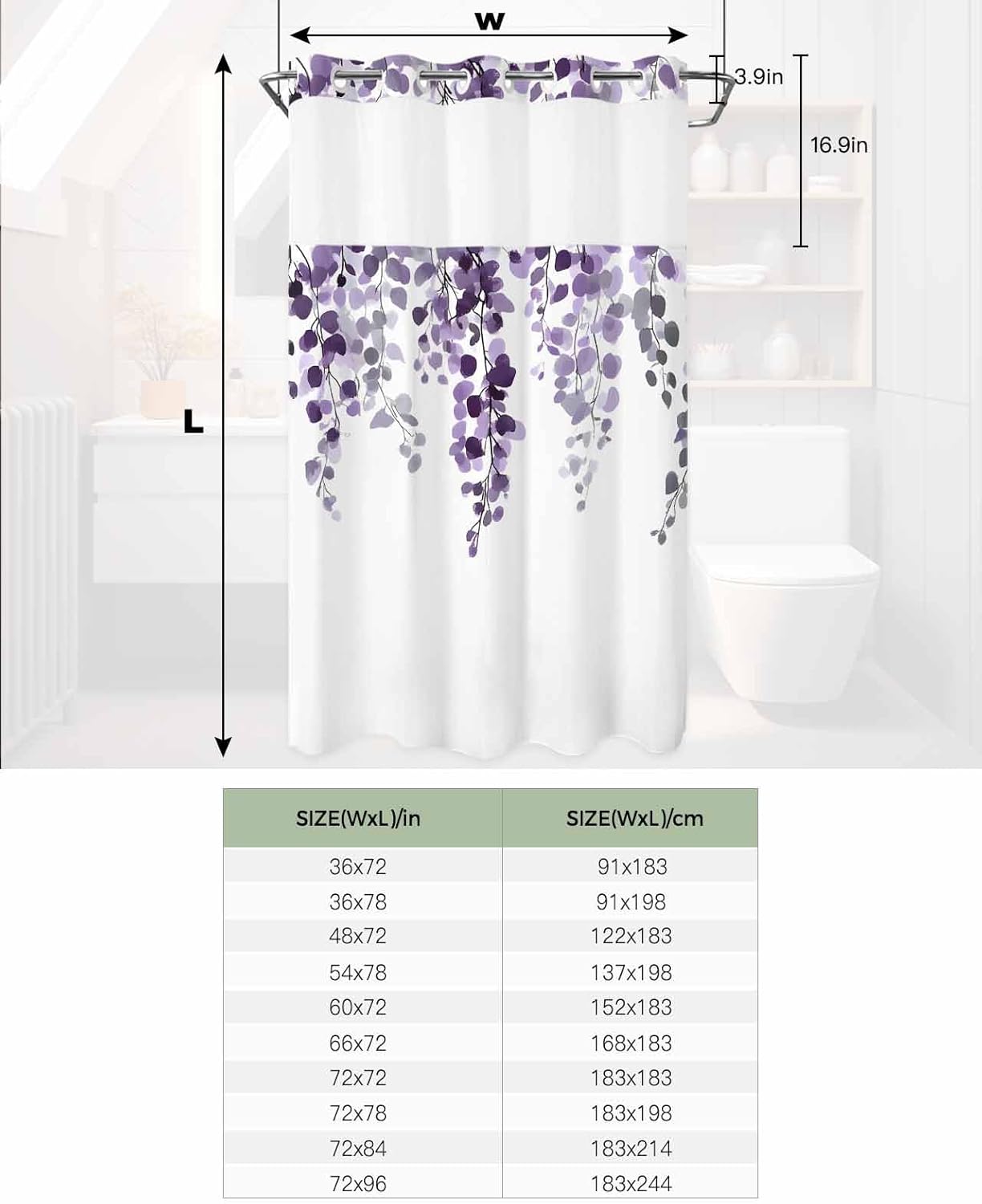 No Hook Shower Curtain with Snap in Fabric Liner Set- Watercolor Eucalyptus Leaves on White Bathroom Curtains with See Through Mesh Top Window,Purple Theme Waterproof Double Shower Curtain 36x78In