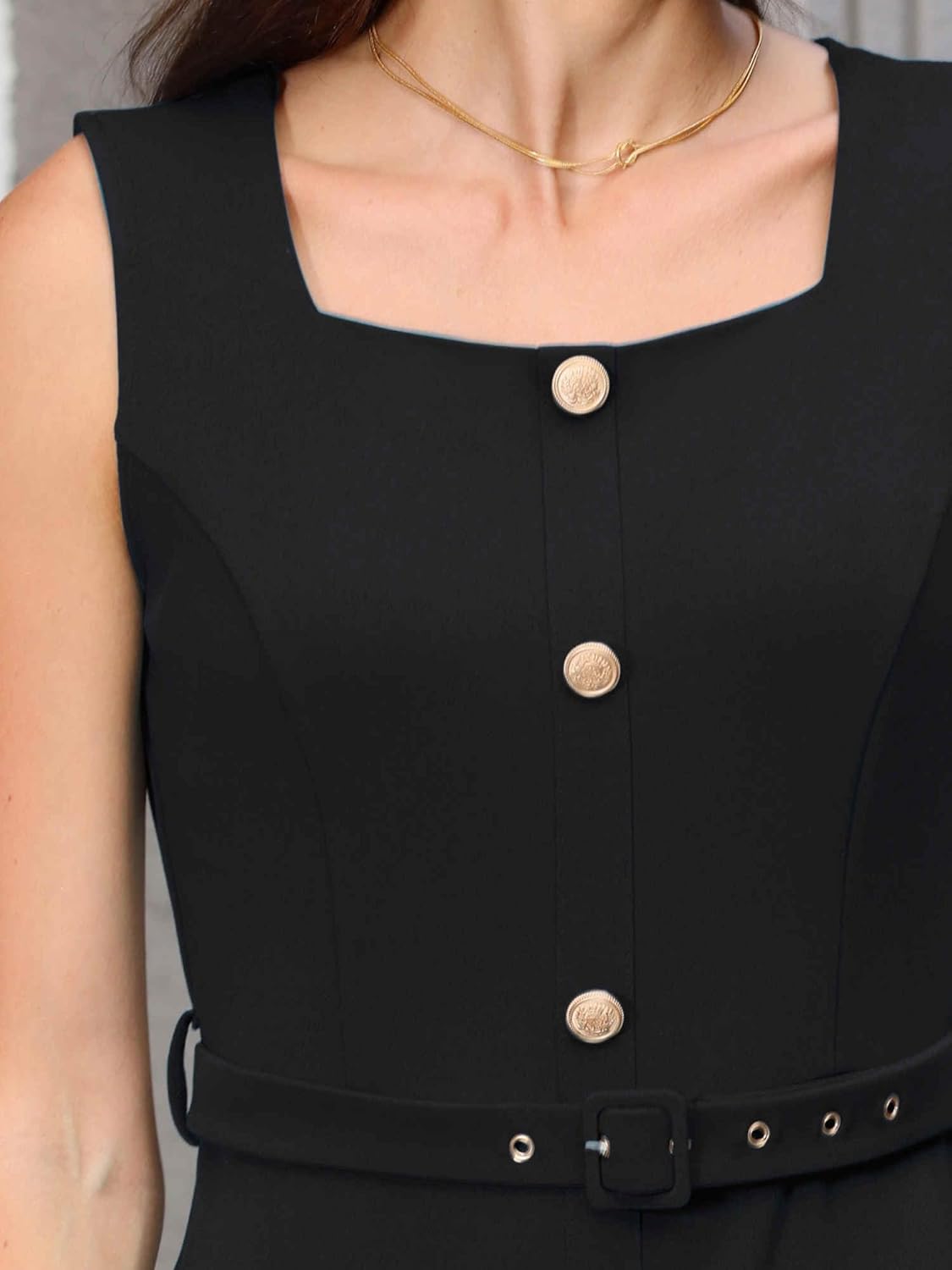 Women's Sleeveless Office Dress Square Neck Button Work Bodycon Pencil Dresses with Belted - Image 4