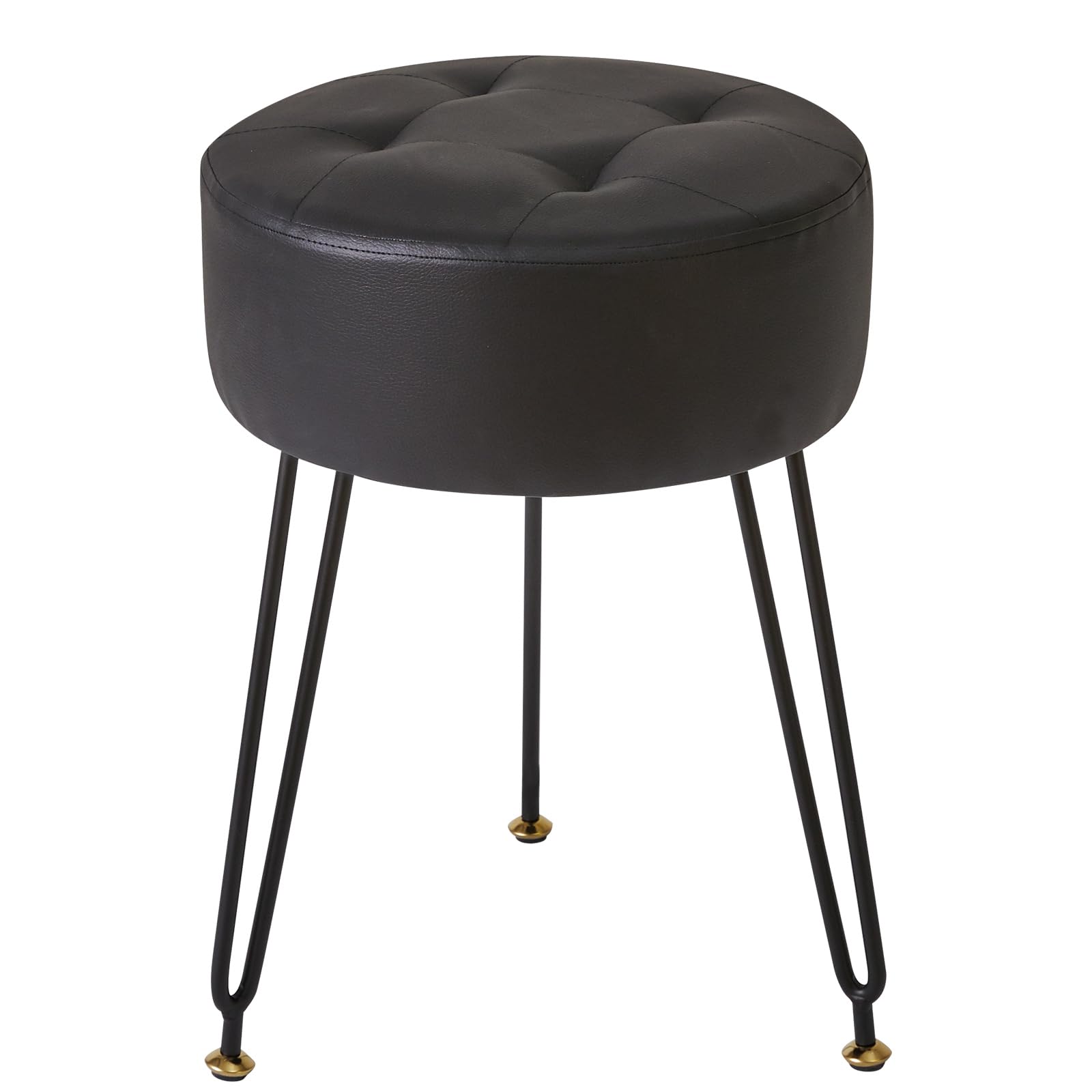 IBUYKE Faux Leather Round Footrest Stool, Makeup Vanity Stool Side Table, PU Dressing Table Seat, Pouf Couch Stool, Golden Steel Legs, Black LG-31B