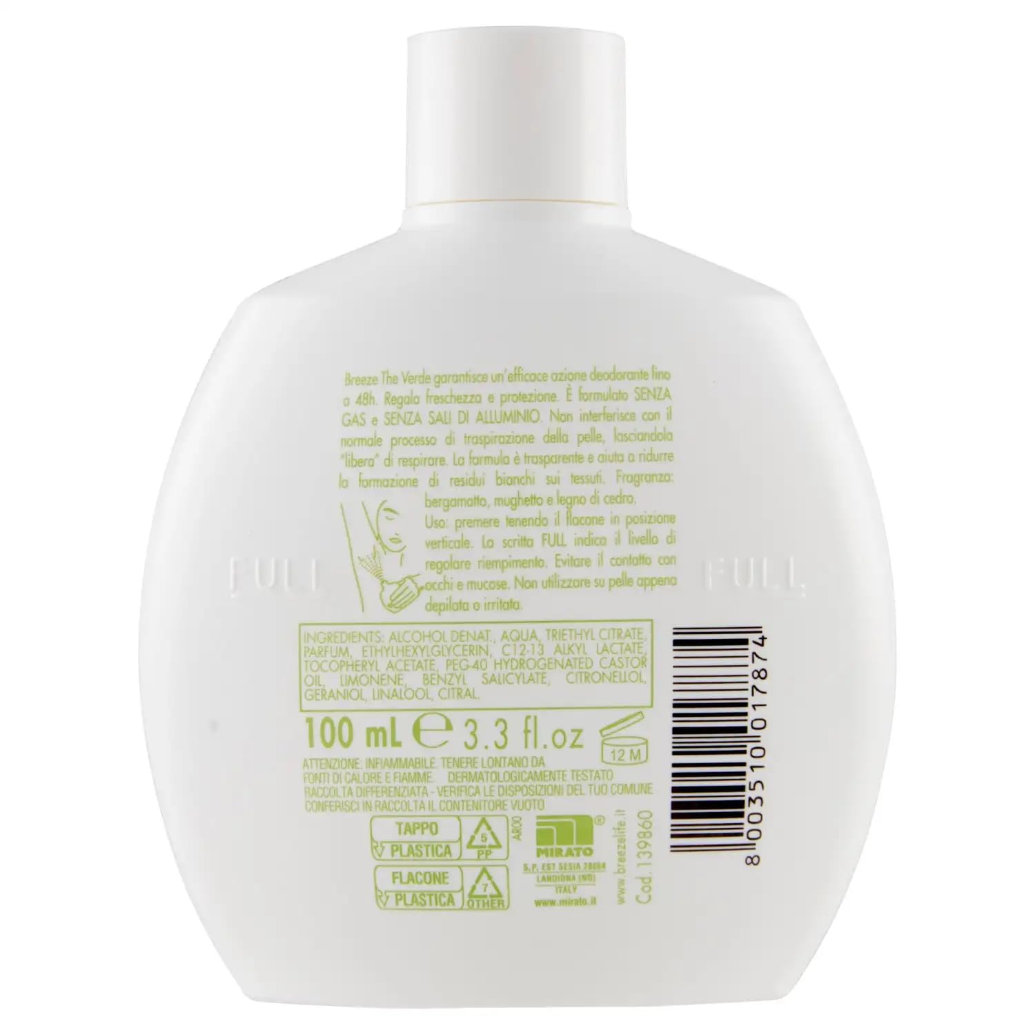 Breeze - Desodorante para té verde (12 unidades, sin gas y sin sales de aluminio, desodorante perfumado de 48 horas, 100 ml, incluye llavero Beni Culinari gratuito)