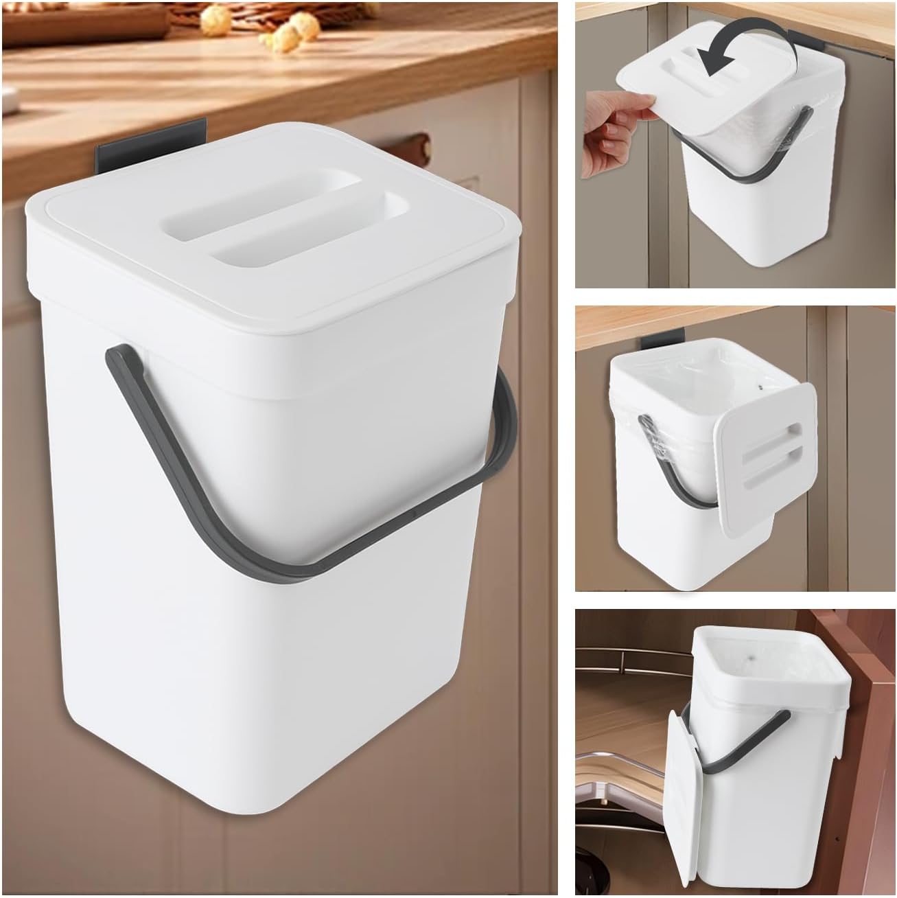 0.8 Gallon/3l Compost Bin Kitchen, for Use on Countertops or Under Sinks, Countertop Compost Bin with Lid, for Cupboard/Bathroom/Bedroom/Office, Mountable Kitchen Compost Bin Countertop(White)