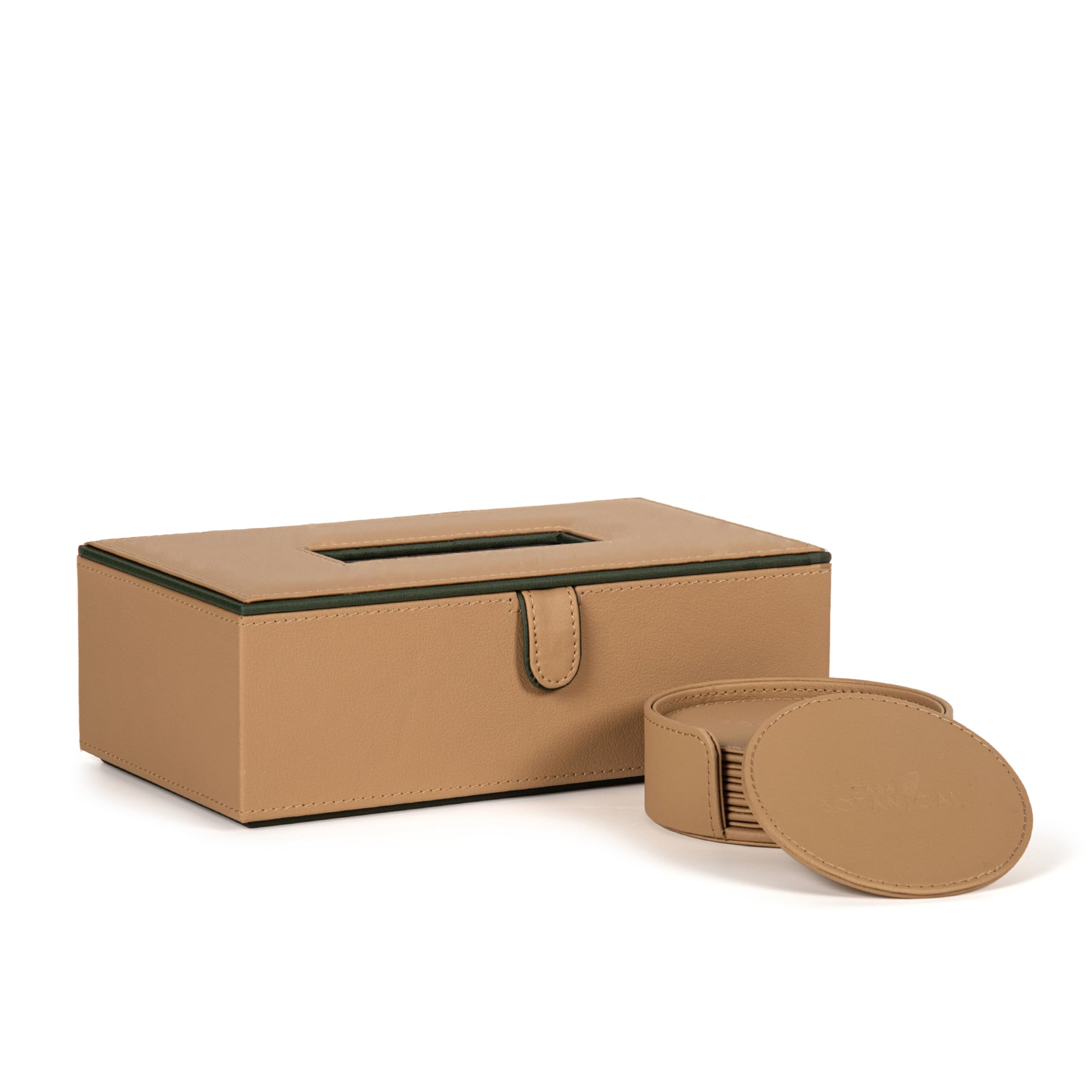 CASA BOTANICAL Leather Car Tissue Box & Tea Coasters Combo - Set of 2 (Beige) | Napkin Holder & Tissue Dispenser for Cars, Office, Dining Room, Home Decor
