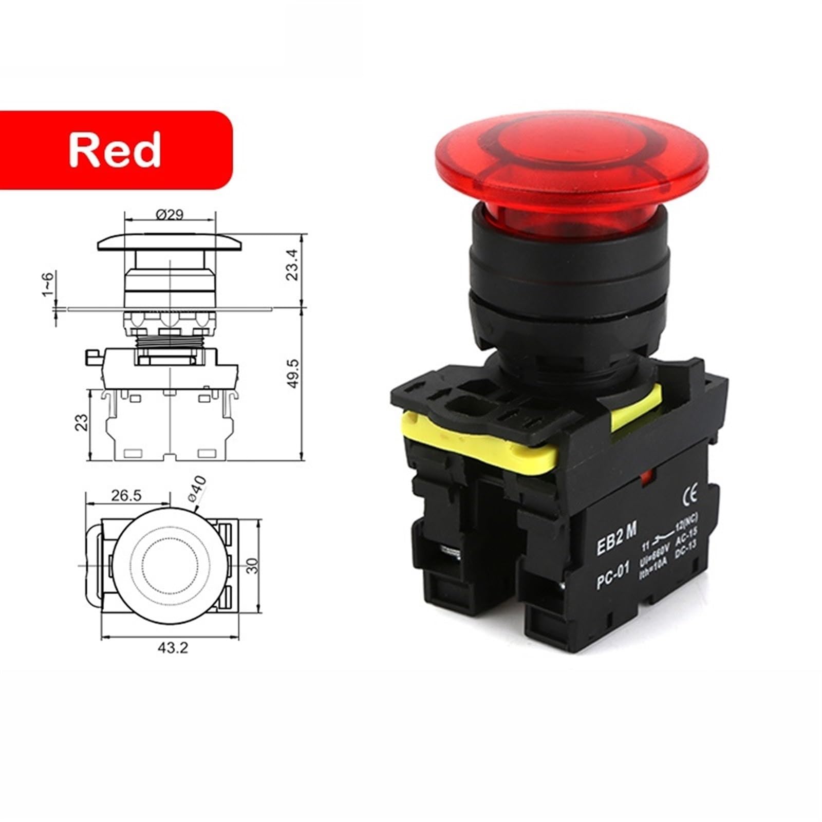 EB2M-C-10MD przełącznik przyciskowy z głowicą grzybkową 22 mm 10A samoblokujący się wyłącznik awaryjny Przycisk 660V 1 sztuka (czerwony, 110V)