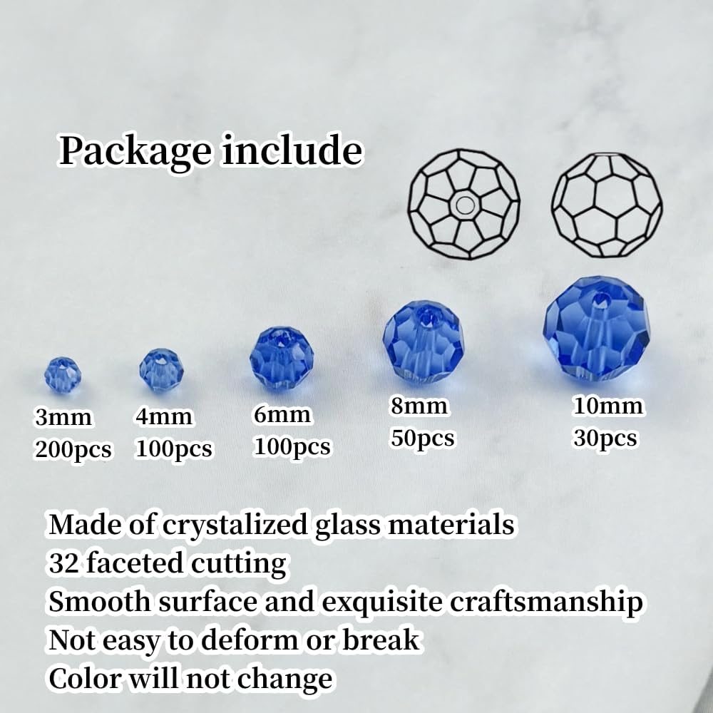 480pcs Crystal Glass Beads 3mm 4mm 6mm 8mm 10mm Round Faceted Glass Spacer Beads for Bracelets Necklace Earring DIY Jewelry Making Craft(Light Blue) - Image 2