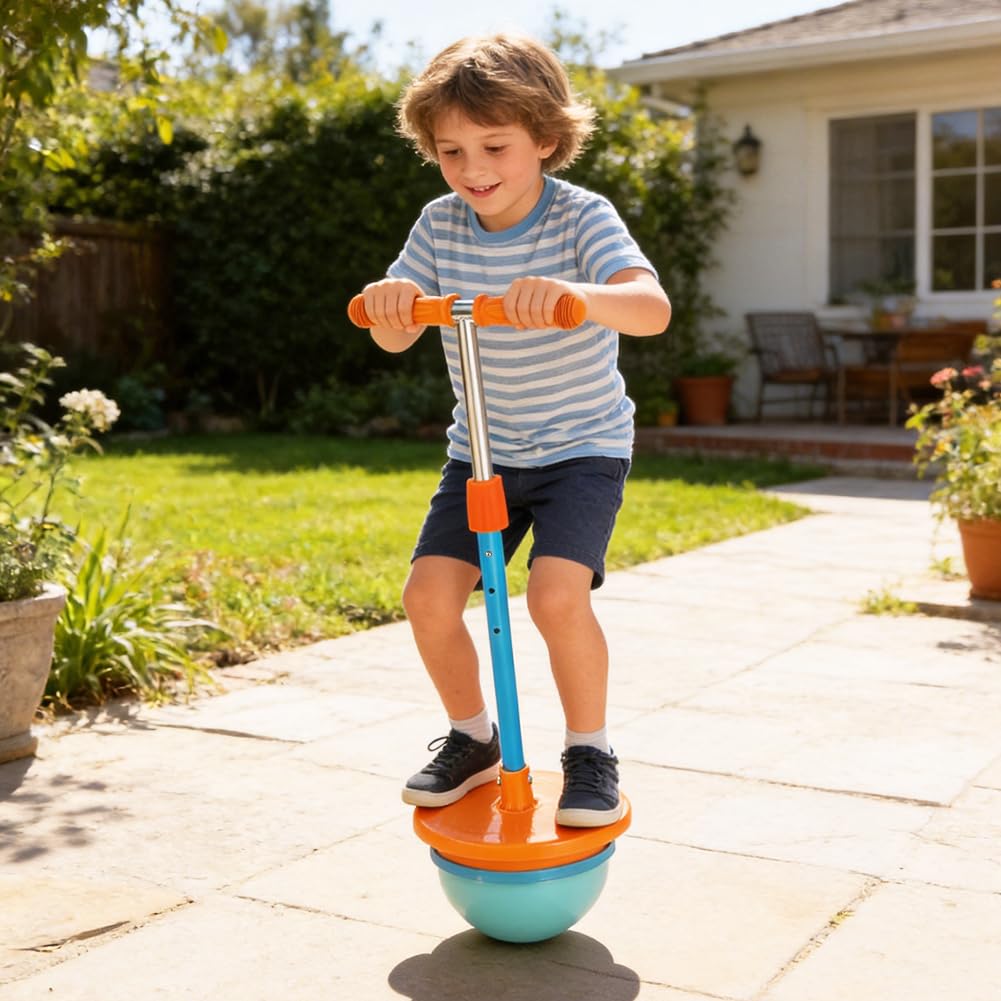 Palla per saltare regolabile in altezza per bambini dai 4 anni, palla saltante con impugnature antiscivolo e supporti per i piedi, pallone da gioco per l'equilibrio e la coordinazione, per interni ed