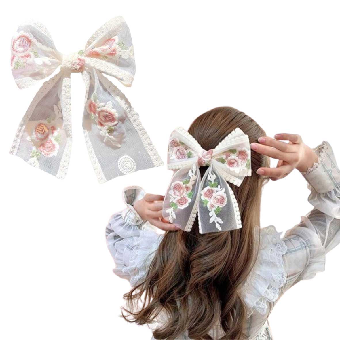 LYKAA Big Lace Bow Hairpin For Women Flower White Bow with Foral Embroidery For Girls White Hair Clip/Accessories Best Gift (Pack of 1)-image-29