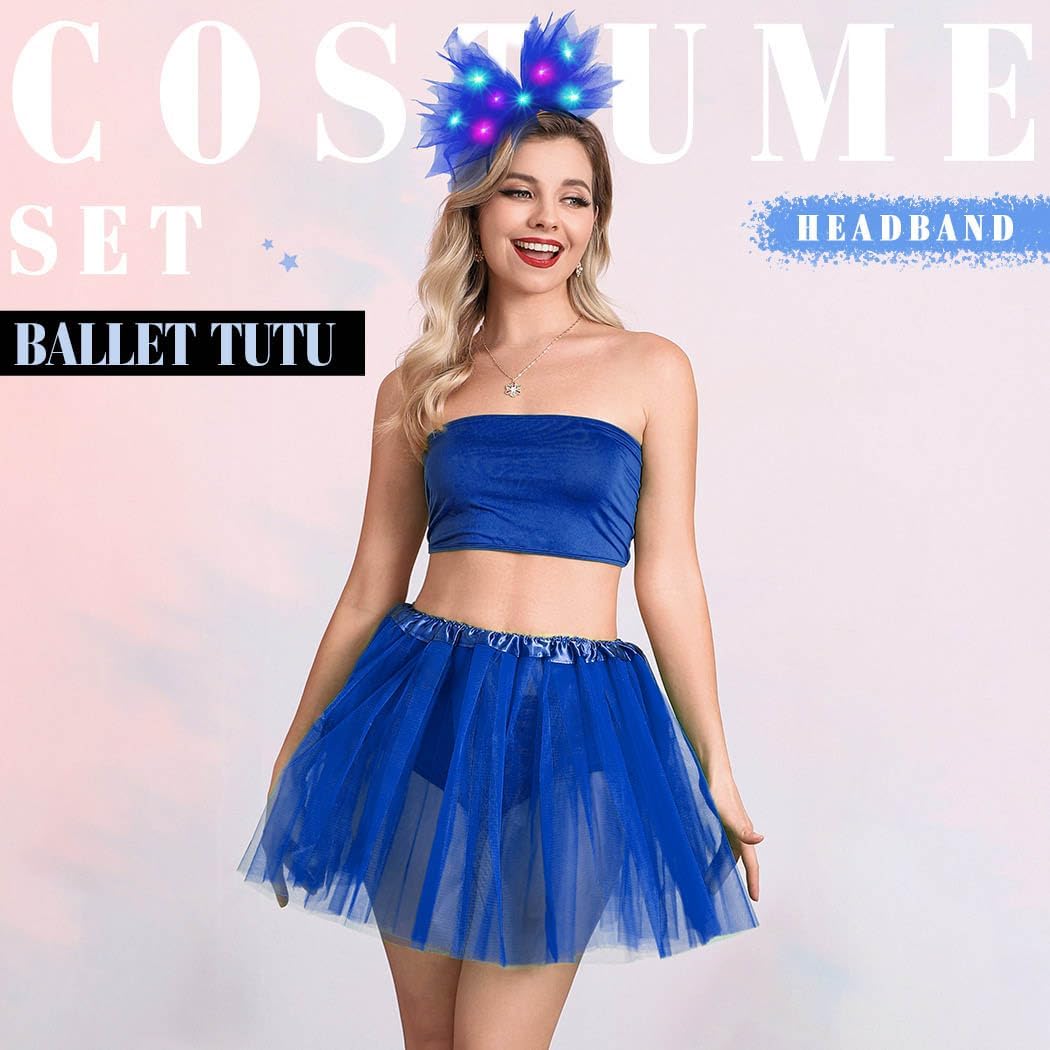 TWINKLEDE Light Up Headband with Tutu Skirt 4 Layer Tulle Festival Costume Set for Women