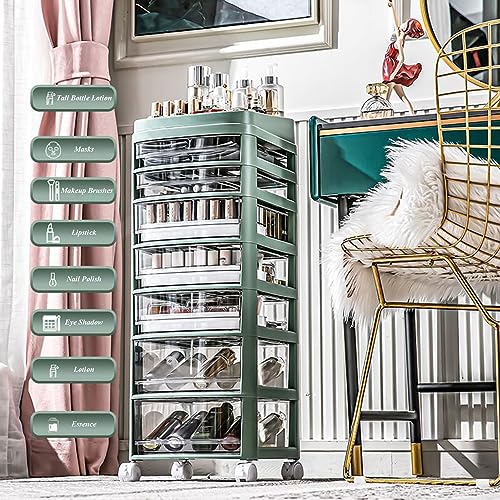 Armadietto per cosmetici trasparente multistrato con rotelle, alto autoportante, per bagno, soggiorno e camera da letto, eleganti ripiani per trucco e accessori