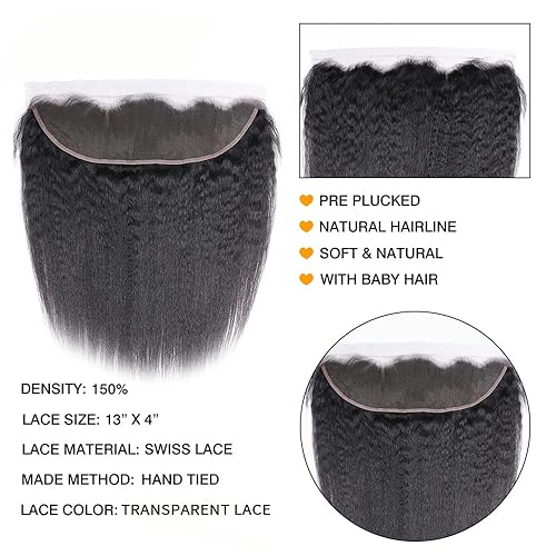 Miniatura 5 de Cabello humano brasileño virgen rizado lacio 13x4 encaje frontal Yaki recto oreja a oreja encaje frontal con pelo de bebé parte libre color natural