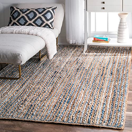 Image of Jute Braided Natural Hand Woven & Reversible Rug for Living Room Kitchen Entryway, Farmhouse Rustic Burlap Carpet Floor Mat (denimjute, 6X9-feet)