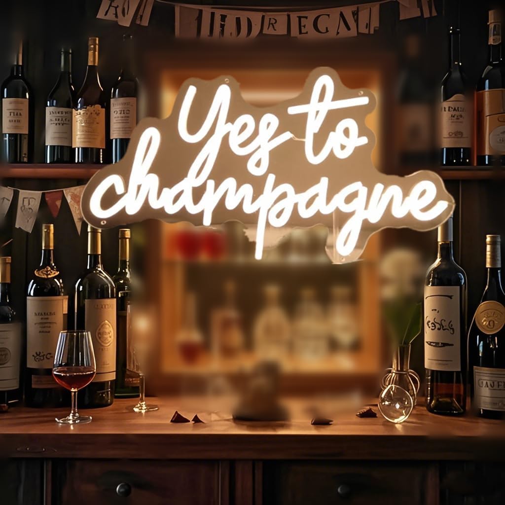 Yes to Champagne LED Neonschild für die Wanddekoration in der Bar, in der Küche, in der Männerhöhle oder in der Kneipe,Hochzeiten,Abschlussfeiern, mit Dimmbarem Schalter und Kette zum Aufhängen