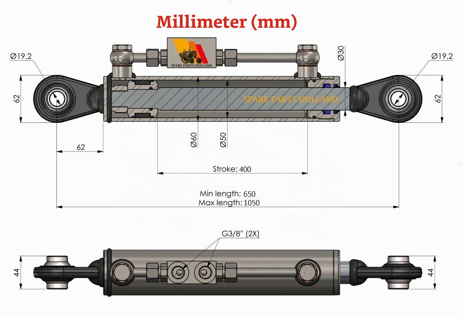 Hydraulischer Oberlenker Kat. 1-1 mit Sperrblock 650-1050 mm mit 2 x Schlauch