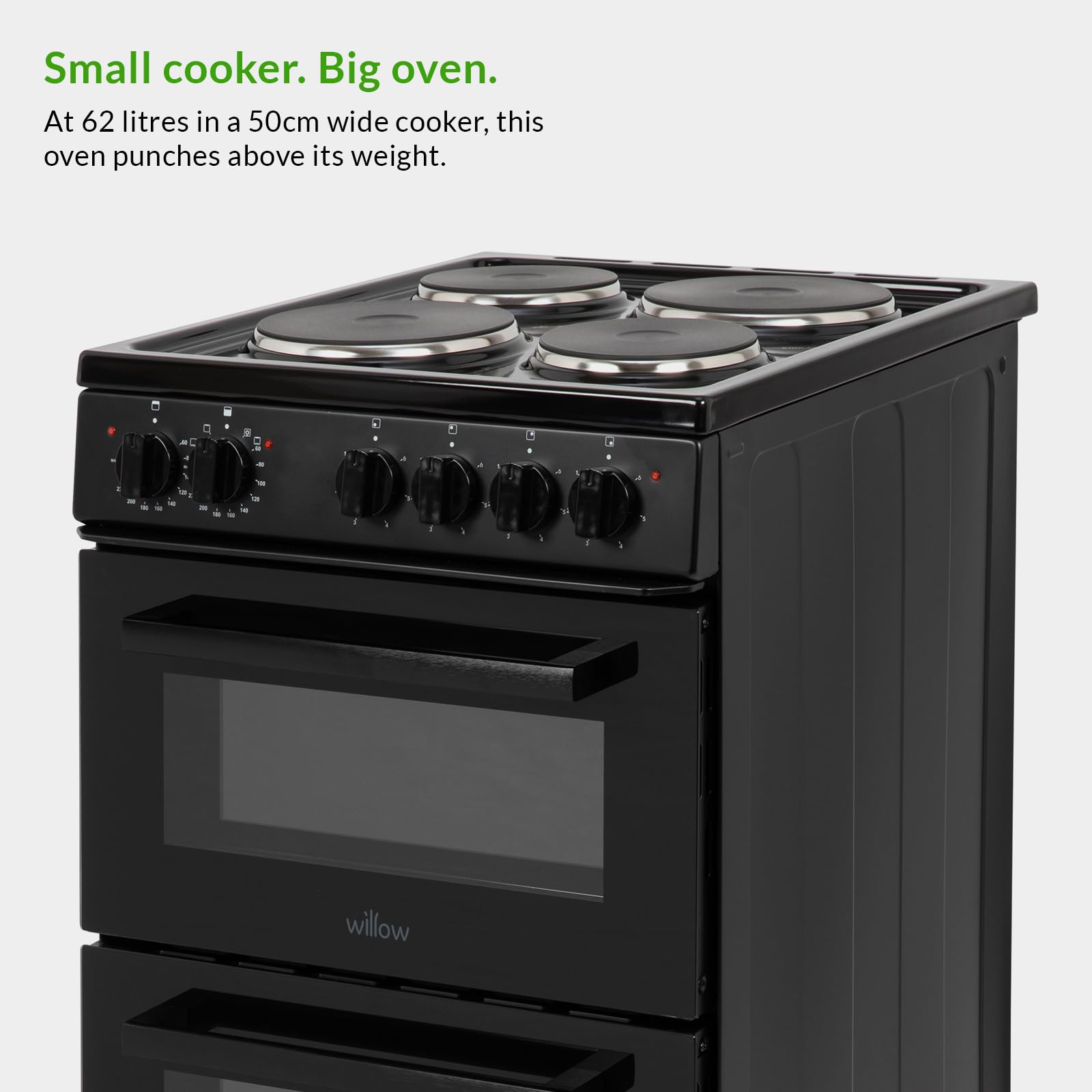 Willow WE50TSB 62L Freestanding Electric Cooker, 50cm Wide Twin Cavity Cooker with Solid 4 Plate Hob, 31L Capacity Grill Cavity, 2 Year Warranty - Black — view 4