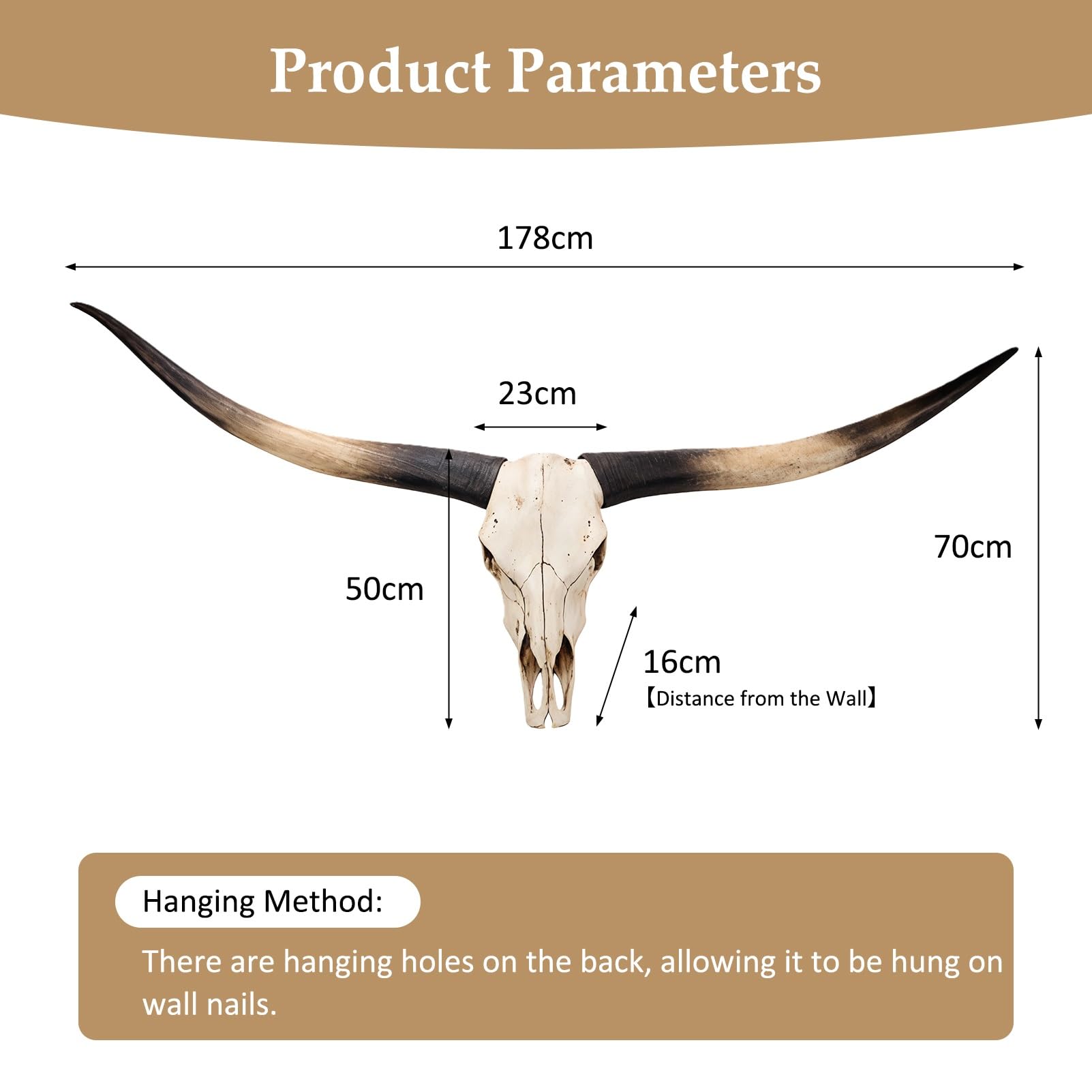 178cm Longhorn Schädel Wanddekoration, Faux Wandbehang mit Stierkopf, Stierschädel Wanddekoration, Longhorn & Ochsenschädel Hörner für rustikalen Bauernhaus-Stil, Heim & Büro(Schwarz)