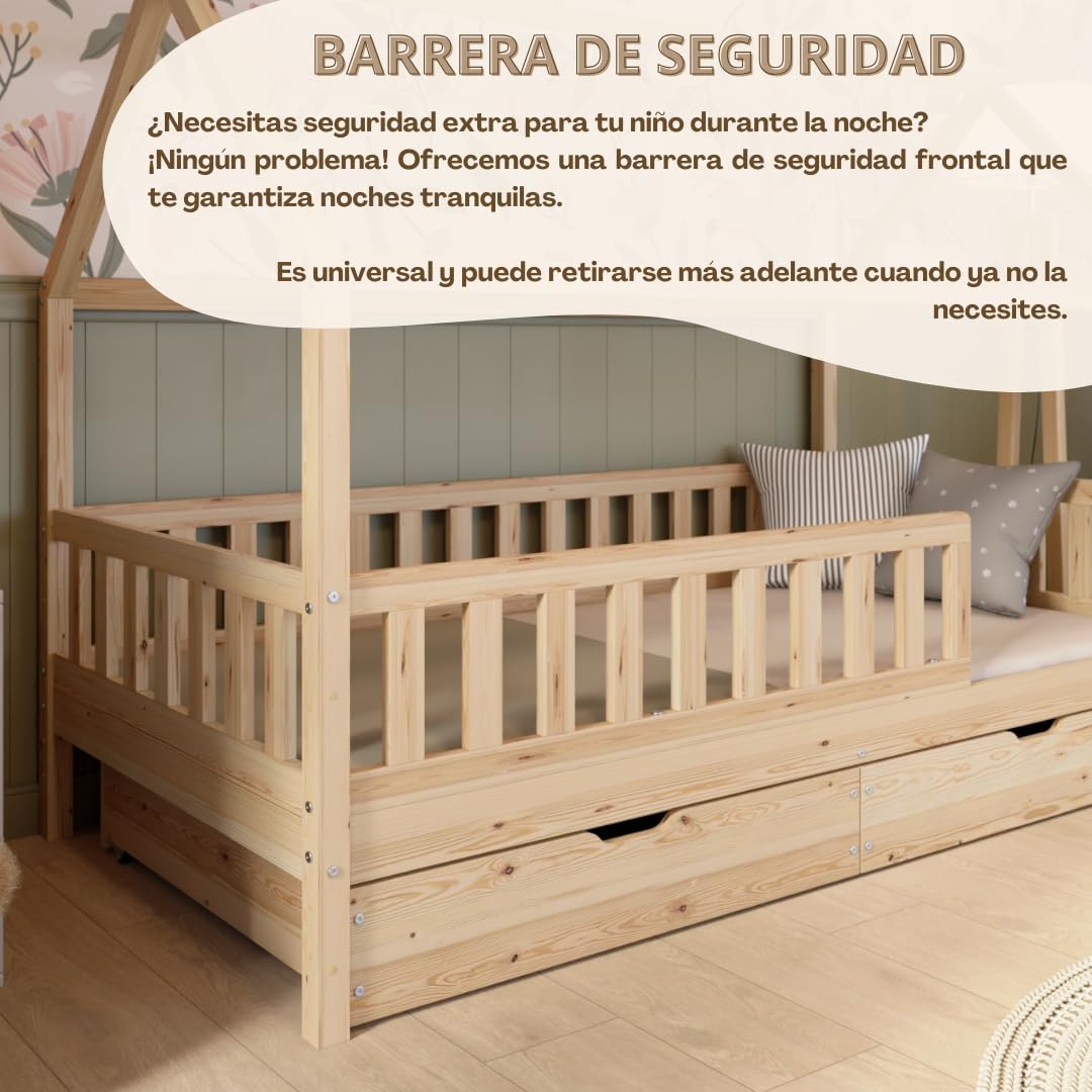 Cama Montessori en Forma de Casa 190x90 cm - Cama Infantil con Protección contra Caídas 40cm y Barrera Abrible - Camas Infantiles niño - Madera Natural con Cajones