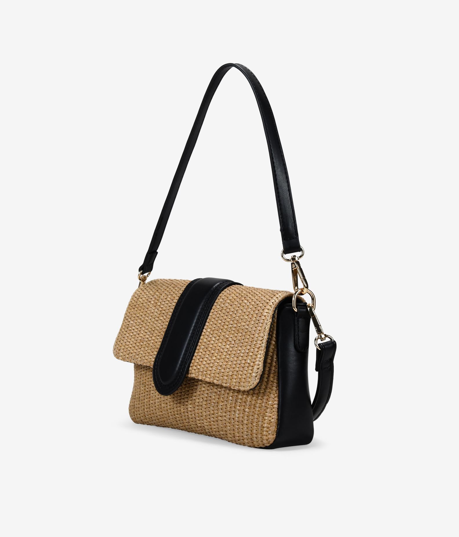 BOSANOVA Bolso de Hombro con Solapa en Rafia con Detalles a Contraste. Asa de Colgar y asa de Cruzar extraíbles. Cierre con imán y Cremallera. Negro U