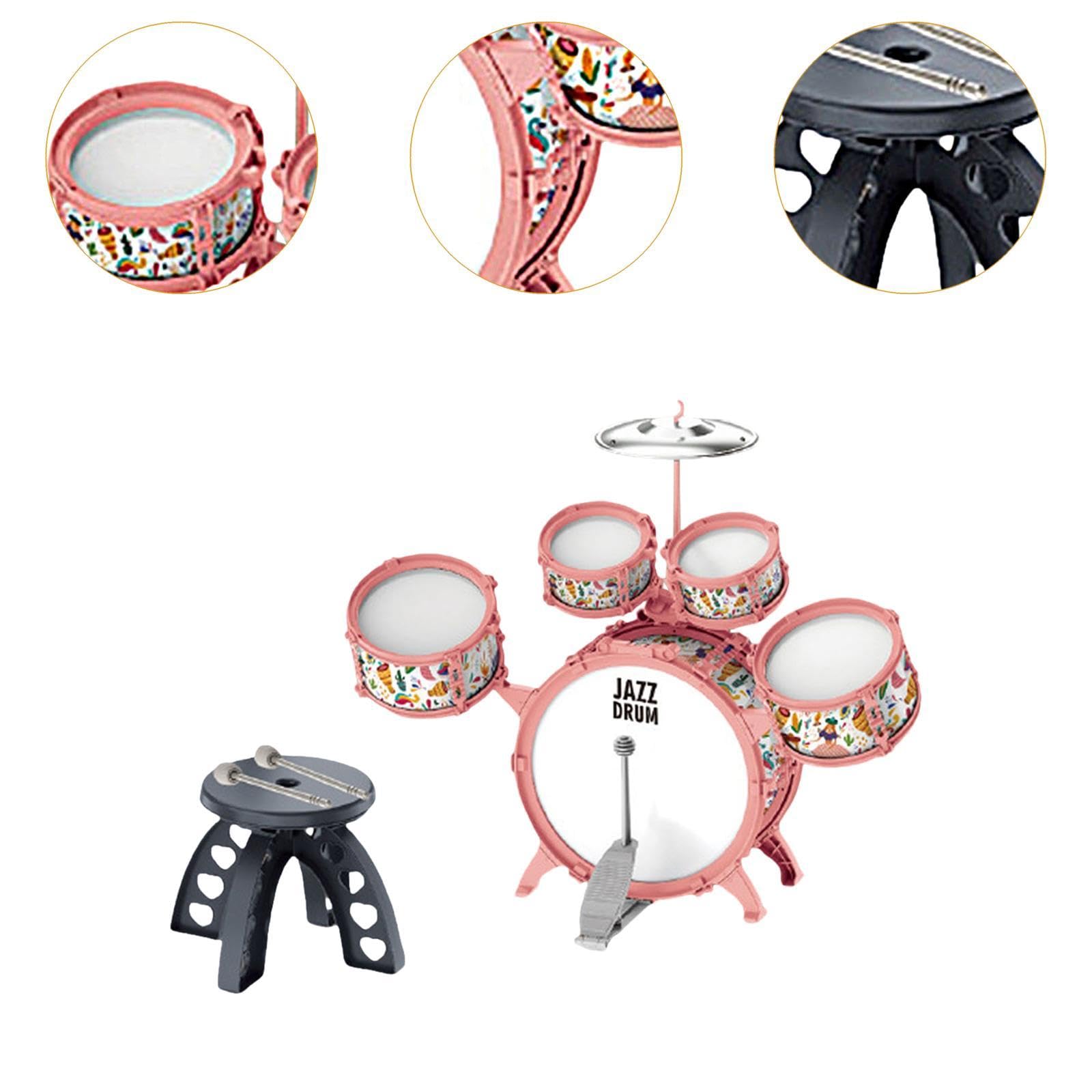 Batería Infantil Kit de Tambor para Niños Instrumento Musical Percusión Educativo PVC con Silla Estimula Adecuado para Fiestas Reuniones de, Rosa