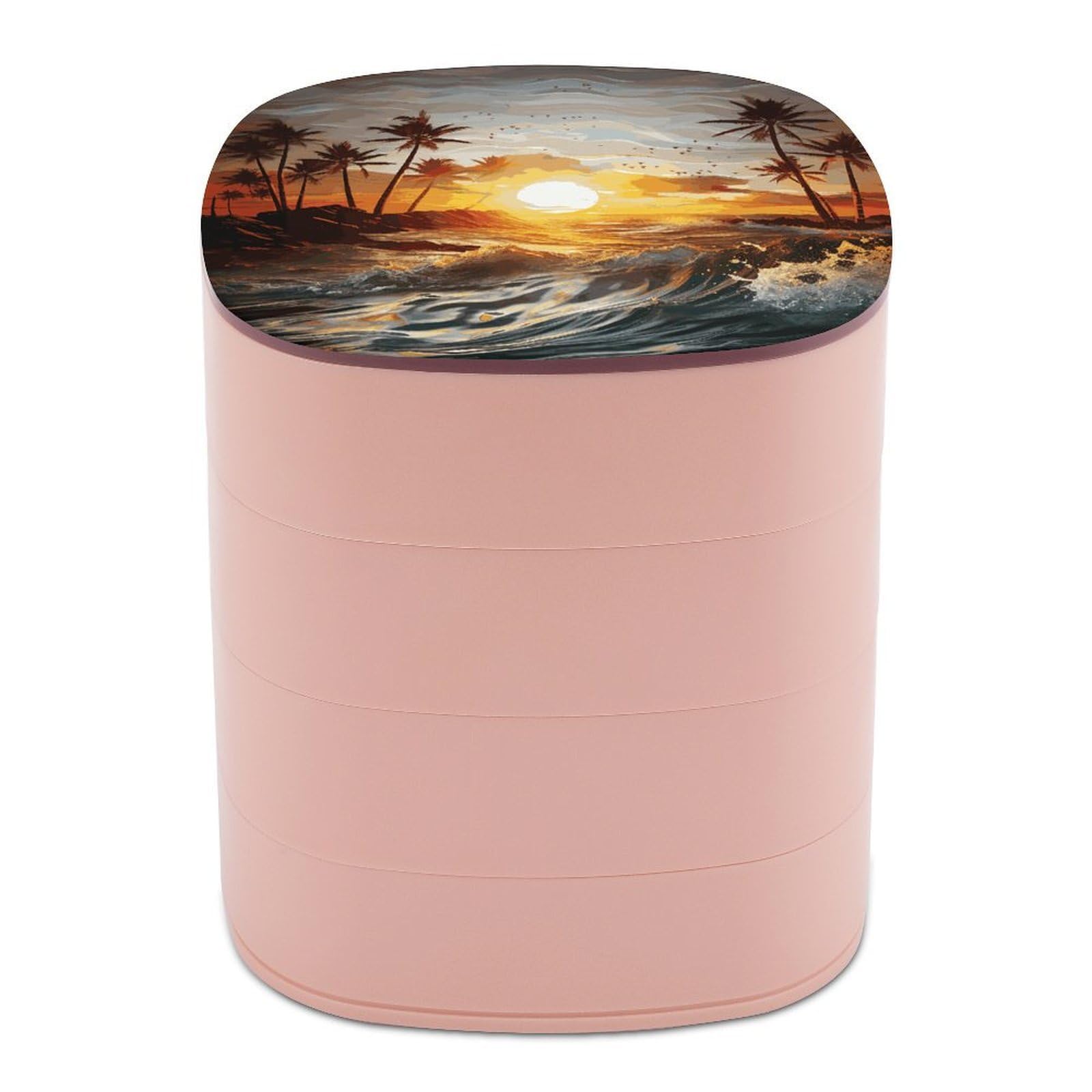 VstaDank Palm Trees Ocean Waves Sunset Jewelry Box 360° Rotatable Jewelry Organizer 4 Layers Jewelry Case with Lid Fashion Portable Earring Holder for Bracelets Rings Bracelets Vanity