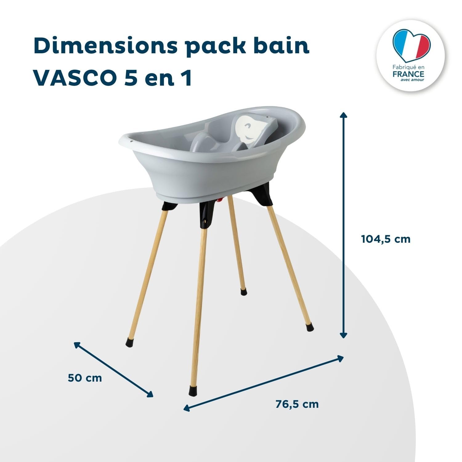THERMOBABY - Zestaw do kąpieli dla niemowląt VASCO 5 w 1 - Wanna, drewniana nóżka, wąż spustowy, leżak do kąpieli, termometr - Charme Grey - Składany i stabilny - Wyprodukowano we Francji
