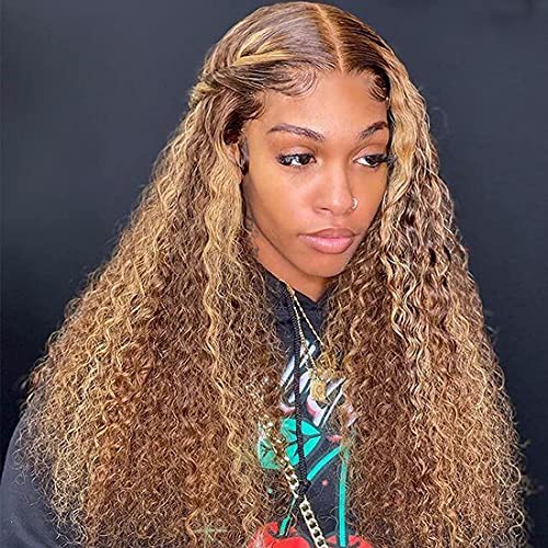 UNICE Curly Honey Blonde Lace Front Wigs Human Hair, Ombre Highlight 13x4 Lace Frontal Wigs Pre Plucked with Baby Hair for Black Women, 10A Brazilian Remy Hair Colored Wig TL412 150% Density 24 inch