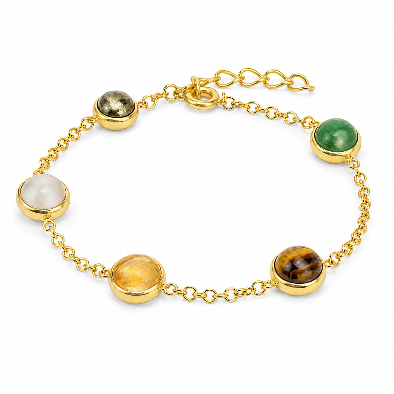 Dhanyog Minimal Bracelet for Men & Women | Natural Pyrite, Tiger Eye, Green Aventurine, White Quartz & Citrine Gemstones | Adjustable Chain Bracelet | Spiritual Crystal Jewelry | Everyday Wear Gift-image-1