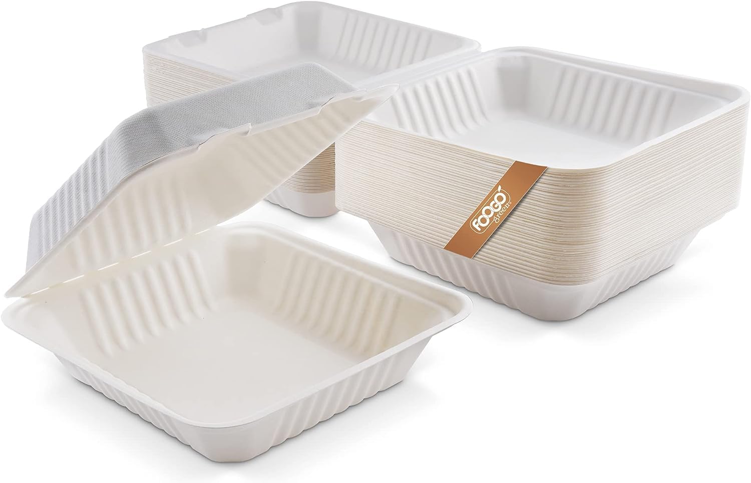 FOOGO Green 50pcs Takeaway Boxes, 8x8 inch, 42oz / 1200ml, Made from Natural Sugarcane Pulp, Eco-Friendly Clamshells, Disposable Food Container, Home Compostable Biodegradable Sugarcane Bagasse