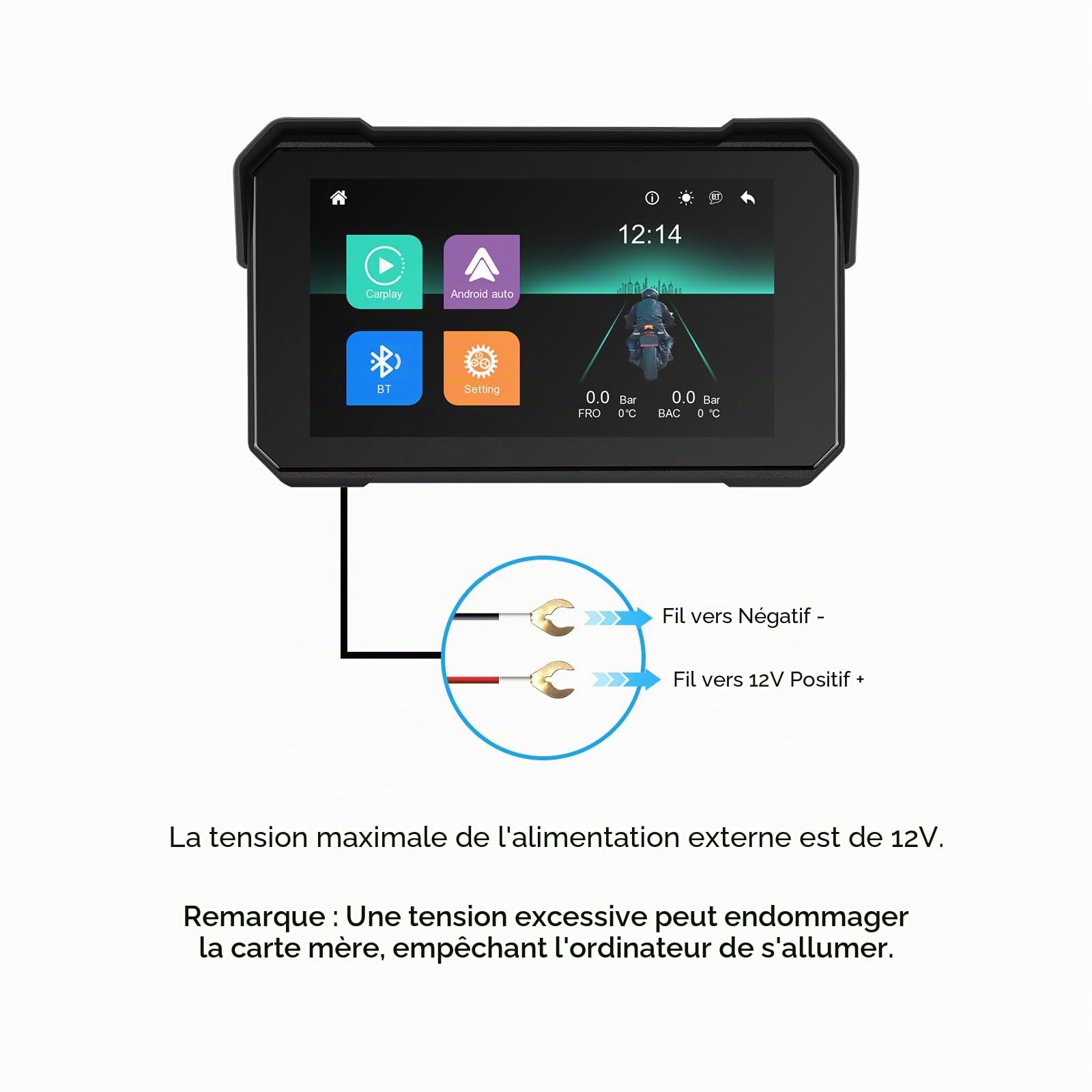 Écran GPS CarPlay pour Moto avec CarPlay sans Fil et Android Auto, écran Tactile Portable et étanche de 5 Pouces, Compatible Bluetooth et système de Surveillance de la Pression des pneus