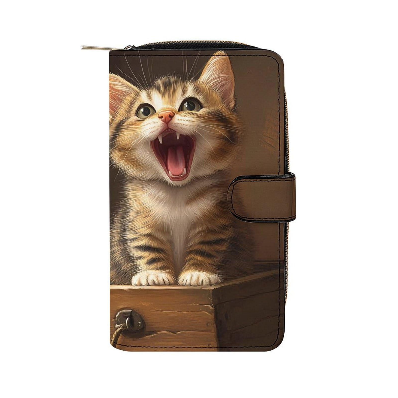 Funny Cat in A Box Rat Long Wallet PU Leather Credit Card Holder Durable Zippered Purse Clutch Wallet