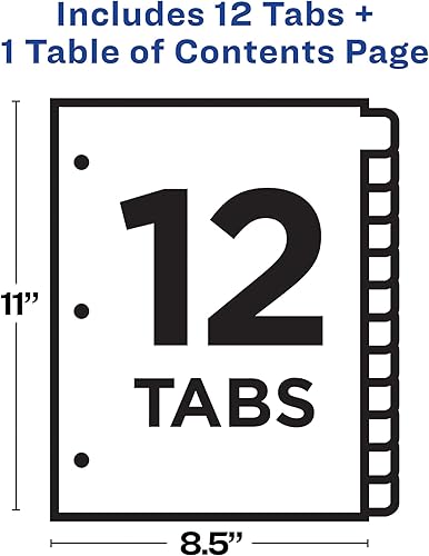 Miniatura 4 de Avery Separadores de 12 pestañas para carpetas de 3 anillas, tabla de contenido personalizable, pestañas blancas clásicas, 1 juego (11140)