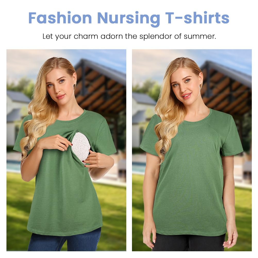 Aolso Camiseta de Maternidad para Mujer, Tops de Verano Superior de Nusring para Amamantar, Manga Corta, Cremallera Oculta, Algodón de Maternidad, Verde-XXL