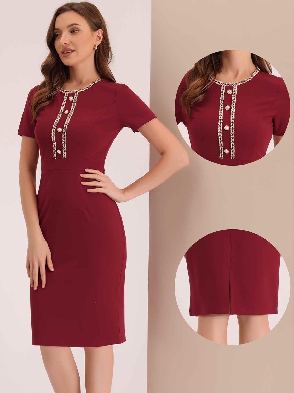 Allegra K Work Dresses for Women 2025 Knee Length Short Sleeve Business Casual Bodycon Sheath Dress - Image 4