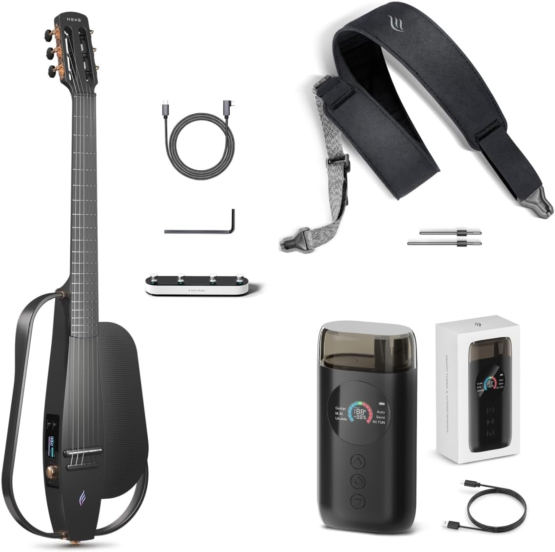 Enya Acoustic-Electric Carbon Fiber Classical Nylon String Travel Guitar NEXG 2N Smart Acustica Electric Guitarra & Magnetic Strap & Enya Smart Automatic Guitar Tuner