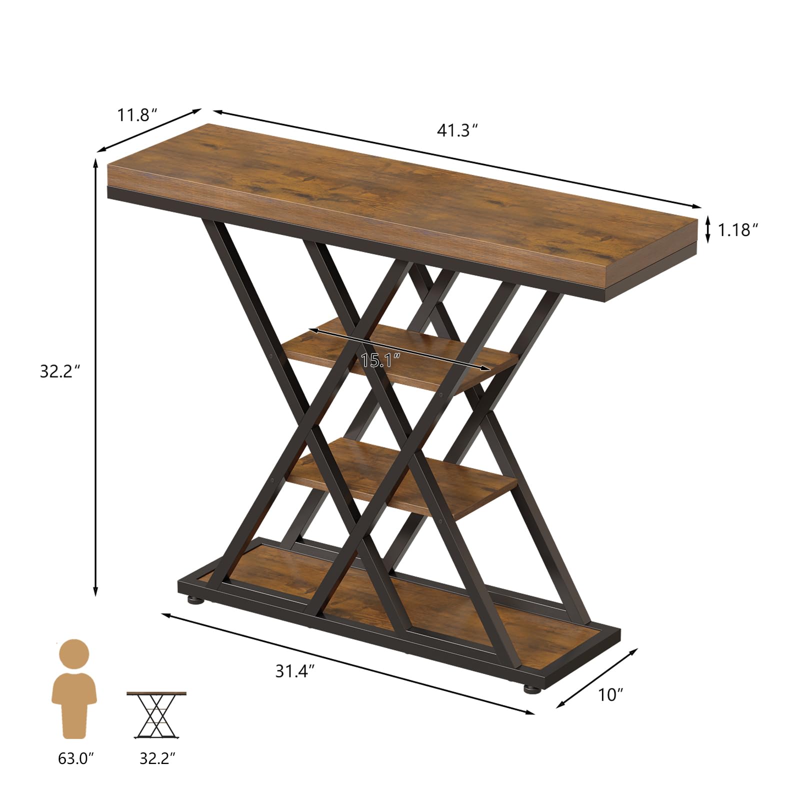 Tohomeor Wąski stół konsolowy do korytarza, przemysłowy, 4-poziomowy stolik do sofy, 105 cm, stolik pomocniczy, do korytarza, małego stołu wystawowego, stolik do małego pokoju, do wejścia (brązowy)