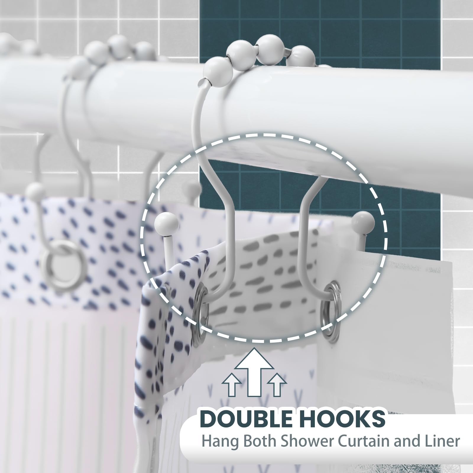 OEH – Lot de 12 crochets de rideau de douche en métal antirouille, anneaux de rideau de douche en métal antirouille, crochets doubles pour rideau de douche, blanc