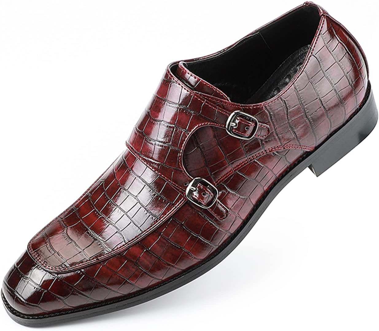 Mens Double Monk Strap Slip on Loafer Leather Formal Business Casual Comfortable Dress Shoes for Men Wine Red 9.5 US