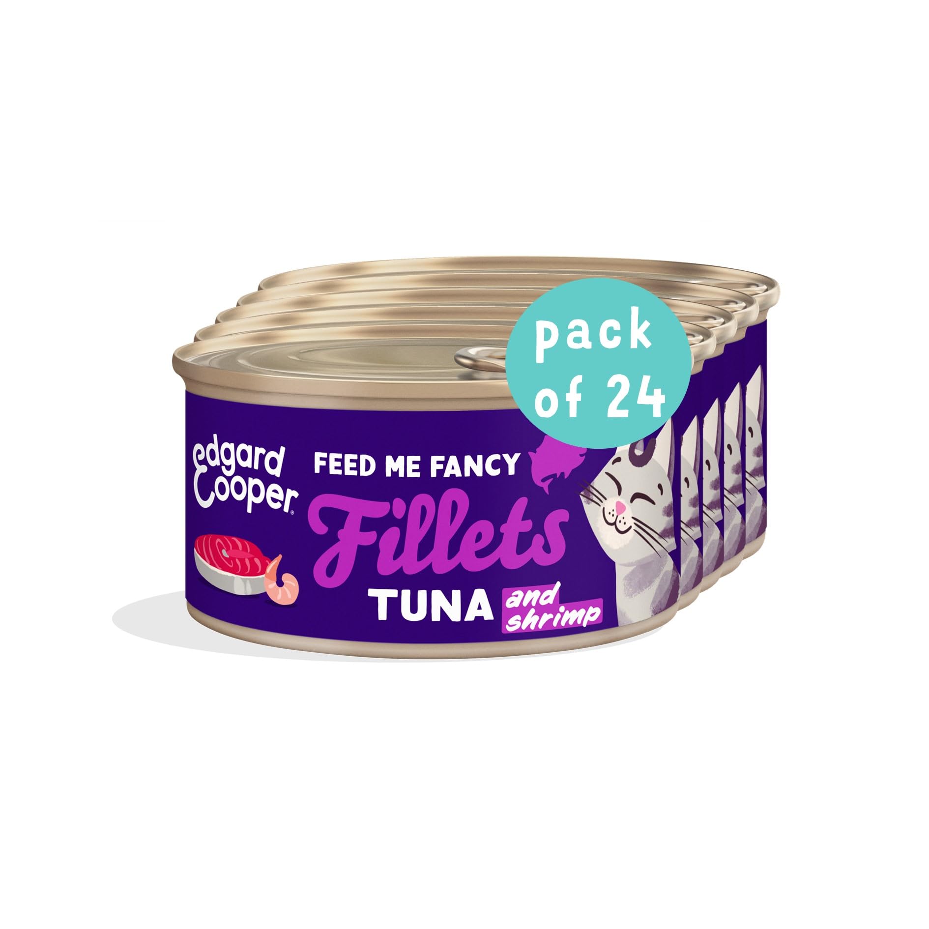Edgard & Cooper Comida Húmeda Gatos Esterilizados o Activos Gato Filetes Natural Sin Cereales Latas 70g x 24 Atún & Gambas, Alimentación Complementaria Sana Sabrosa y Equilibada