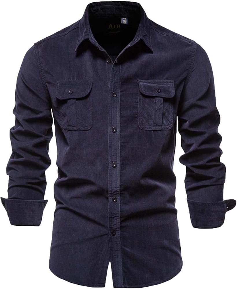 Vintage Men's Corduroy Shirts, Slim Fit Button Down Two-Pocket