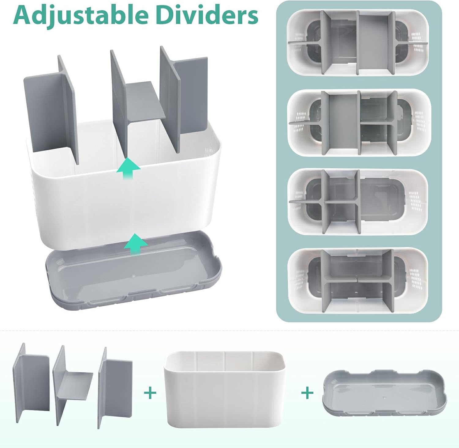Boperzi Toothbrush Holders for Bathrooms Organiser Countertop with Adjustable Dividers Large Toothbrush Caddy for Shower and Kitchen Toothpaste Holder Storage Set for Family Kids - Grey/Upgrade
