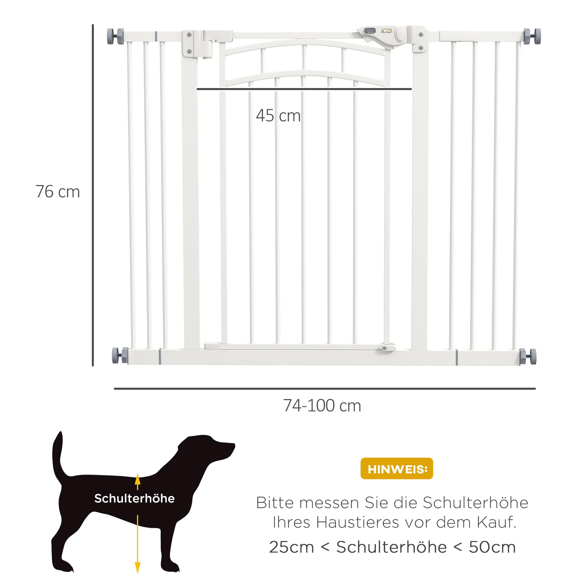 PawHut Stair Gate Dog Door Gate with Two Extensions, Barrera para Perros con Puerta de Cierre automático, Apertura con una Sola Mano, 74-100 cm, para Perros pequeños y medianos, Blanco