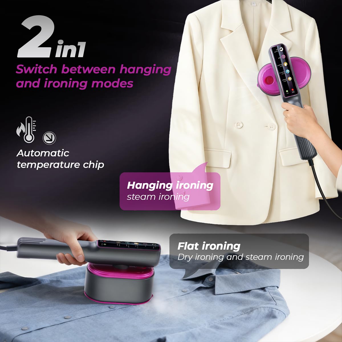 Défroisseur Vapeur Portable 1200W, Chauffage Rapide 5S, Fer à Repasser de Voyage 2 en 1 avec Écran LCD et 5 Modes, Steamer Vêtement Vertical et Horizontal pour Tous Tissus, 110ML