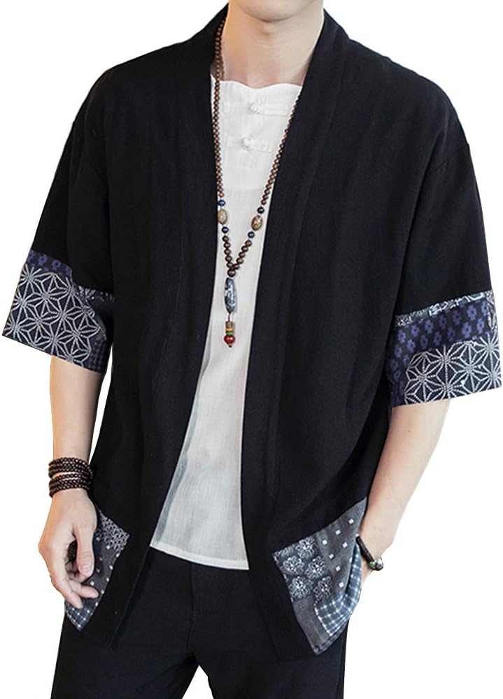 HAORUN Men Japanese Short Sleeve Kimono Cardigan Coat Loose Jacket Top