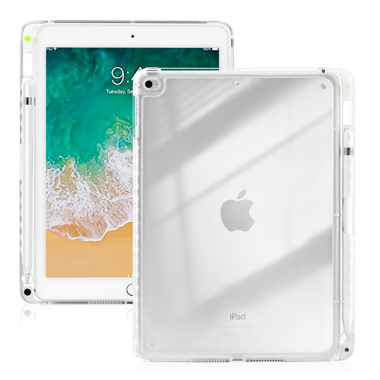 4UBonLife Custodia per iPad 6a 5a Generazione 9,7 pollici 2018/2017 con Portapenne, Cover Protettiva Trasparente Sottile Leggera, Copertina Posteriore Rigida Chiara Antiurto per Apple iPad 6 5