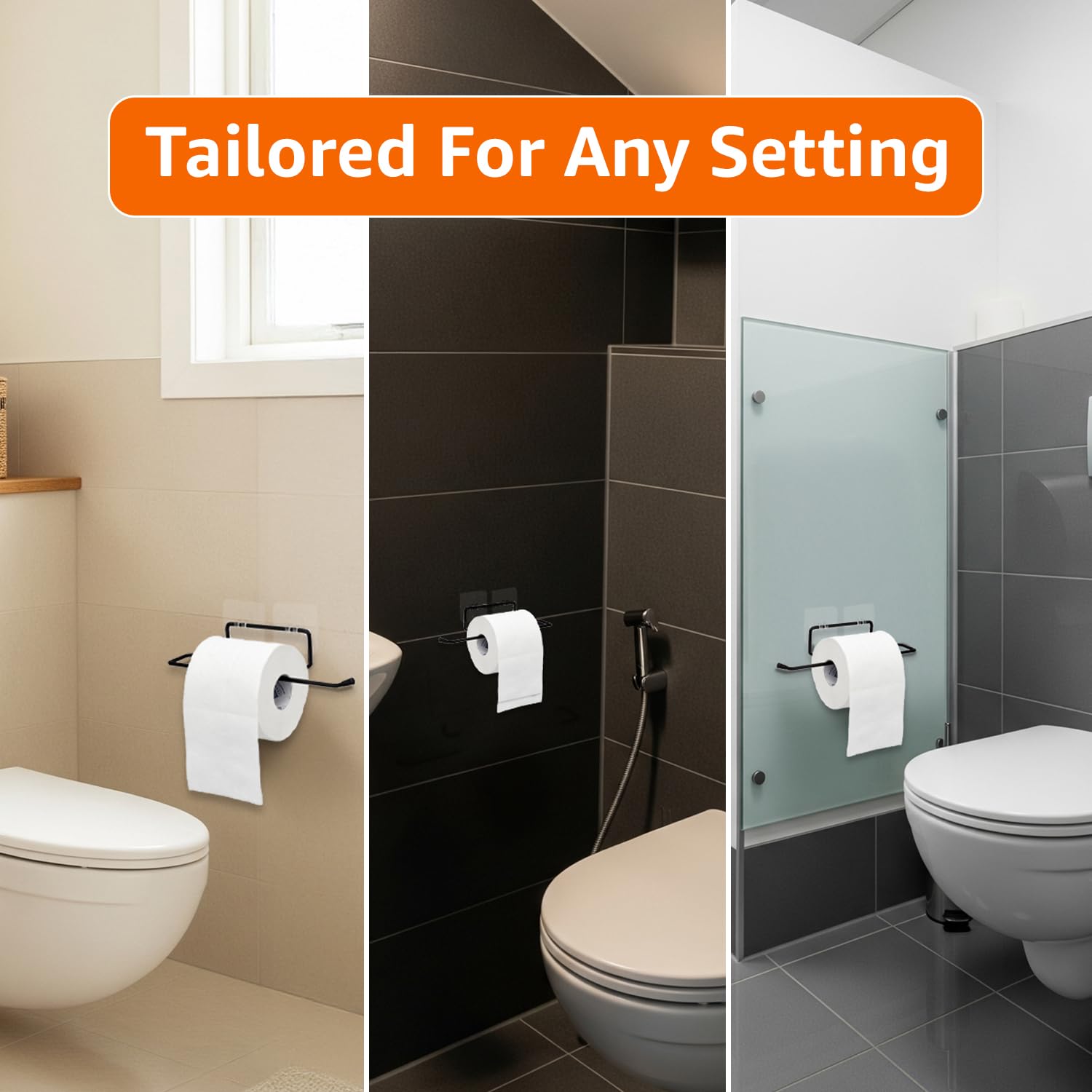 Amazon Basics Self-Adhesive Toilet Paper Holder | Wall-Mounted Bathroom Tissue Roll Hanger | Rust Proof GI Steel with Powder-Coated Black Finish | 24.8L X 5.47W x 4.8H cm, Pack of 3 4